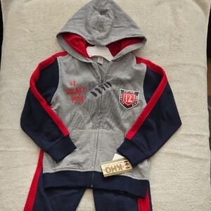 2 pcs set-Gray Hoodie and long pants with Navy & Red Accents